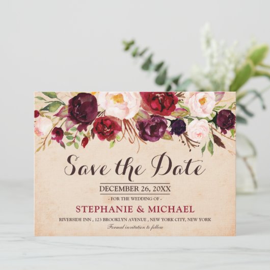 Bourgogne Rode Marsala Bloemen Boho Save the date (Staand voorkant)