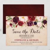 Bourgogne Rode Marsala Bloemen Boho Save the date (Voorkant / Achterkant)