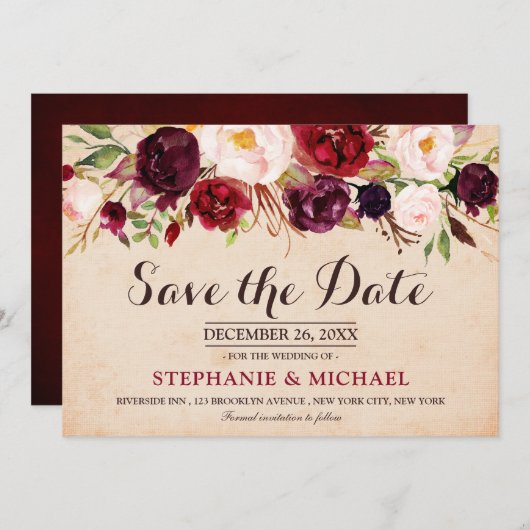 Bourgogne Rode Marsala Bloemen Boho Save the date (Voorkant / Achterkant)