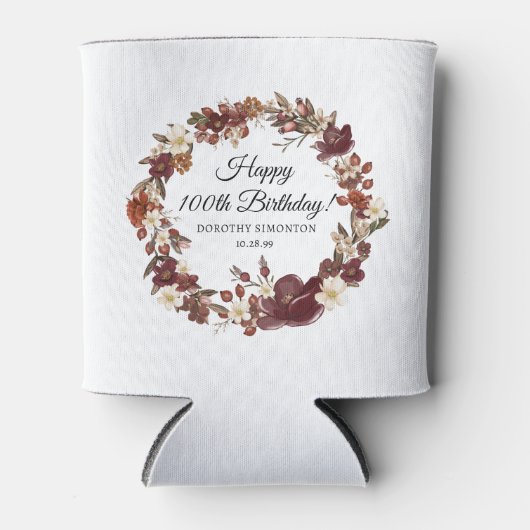 Bourgogne Rode Mauve Herfst Bloemen 100e Verjaarda Blikjeskoeler (Voorkant)