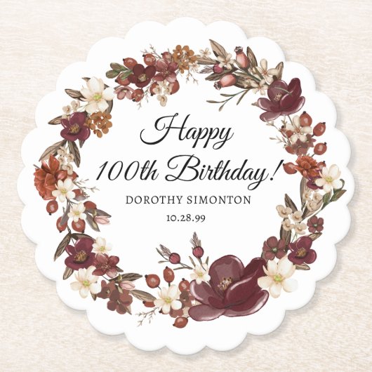 Bourgogne Rode Mauve Herfst Bloemen 100e Verjaarda Kartonnen Onderzetters (Voorkant)
