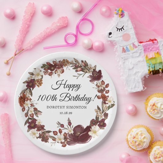 Bourgogne Rode Mauve Herfst Bloemen 100e Verjaarda Papieren Bordje (Feest)