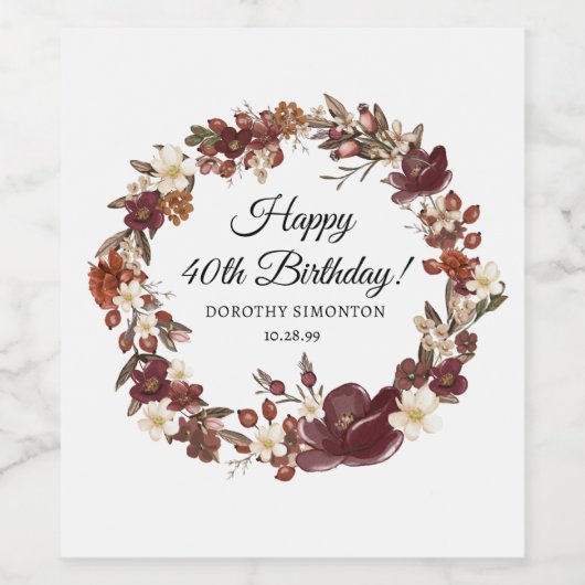 Bourgogne Rode Mauve Herfst Bloemen 40e Verjaardag Wijn Etiket (Enkel label)