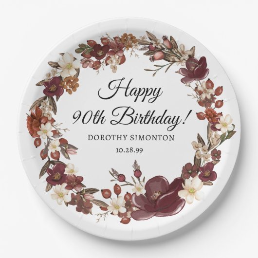 Bourgogne Rode Mauve Herfst Bloemen 90e Verjaardag Papieren Bordje (Voorkant)