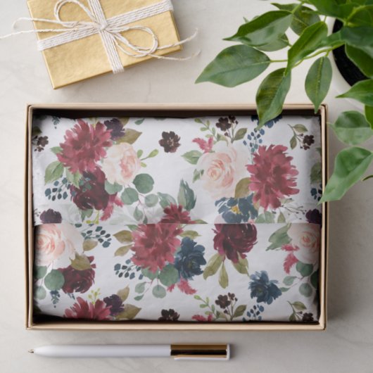 Bourgogne Rode Navy Blauwe Waterverf Bloemen Tissuepapier (Geschenk)
