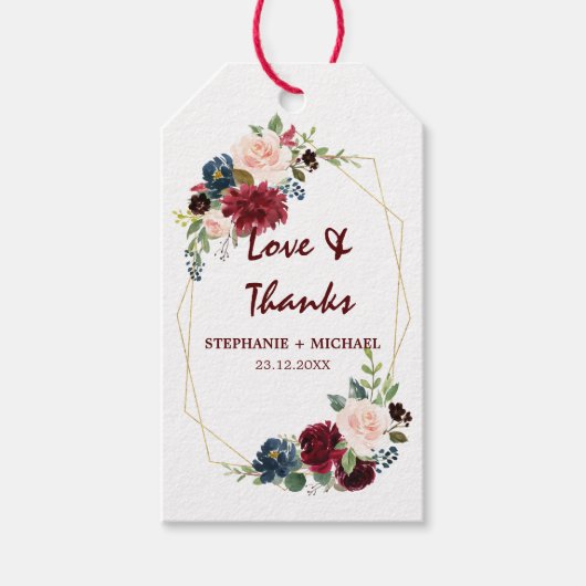 Bourgogne Rode Navy Floral Geometric cadeau label Cadeaulabel (Voorkant)