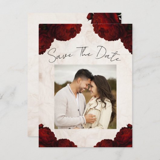 Bourgogne Rode Pioen Bloemen  Save the Date Aankondigingskaart (Voorkant / Achterkant)