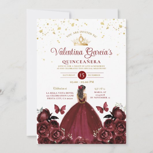 Bourgogne Rode Quinceañera 15 Anos Bloemen Goud Kaart (Voorkant)