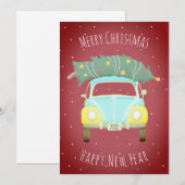 Bourgogne Rode Retro Auto Kerstboom Custom Jaar Feestdagenkaart (Voorkant / Achterkant)