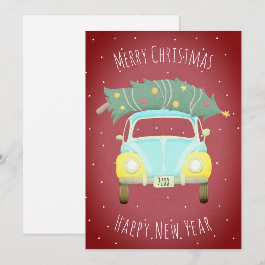 Bourgogne Rode Retro Auto Kerstboom Custom Jaar Feestdagenkaart (Voorkant / Achterkant)