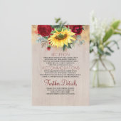 Bourgogne Rode Roos en Zonnebloem Bruiloft Details Informatiekaartje (Staand voorkant)