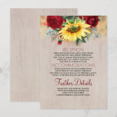 Bourgogne Rode Roos en Zonnebloem Bruiloft Details Informatiekaartje (Voorkant / Achterkant)