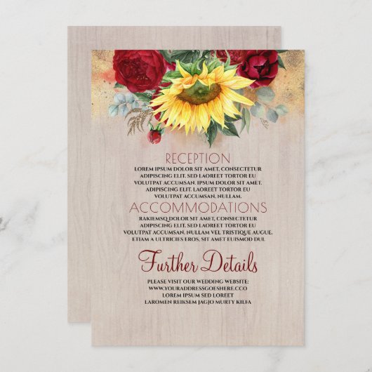 Bourgogne Rode Roos en Zonnebloem Bruiloft Details Informatiekaartje (Voorkant / Achterkant)