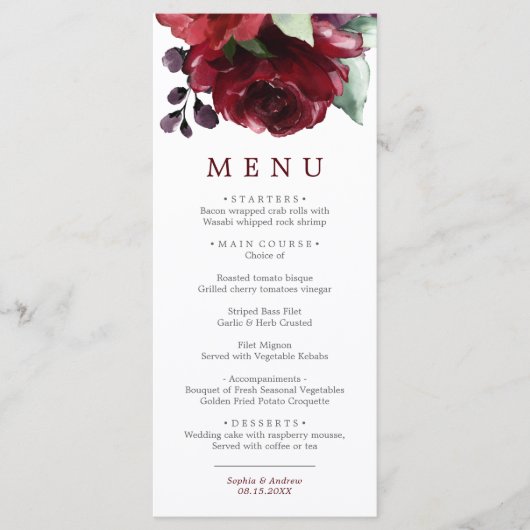 Bourgogne Rode Rose Bloemen Bruiloft Menu (Voorkant)