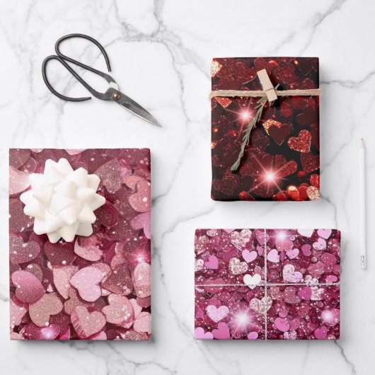 Bourgogne Rode Roze Glitter Harten Inpakpapier Vel (Voorkant)