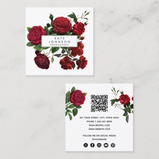 Bourgogne Rode Rozen Bloemen QR Code Vierkante Visitekaartje (Voorkant / Achterkant)