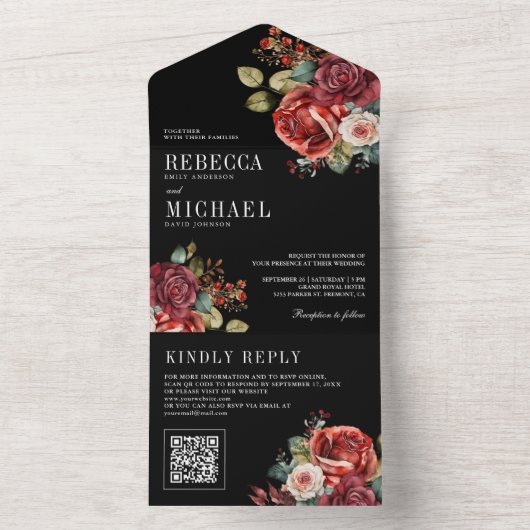 Bourgogne Rode Rozen Bloemen QR Code Zwart Bruilof All In One Uitnodiging (Binnen)