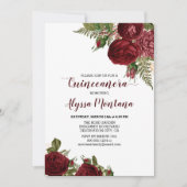 Bourgogne Rode Rozen Bloemen Quinceanera Uitnodigi Kaart (Voorkant)