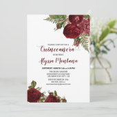 Bourgogne Rode Rozen Bloemen Quinceanera Uitnodigi Kaart (Staand voorkant)
