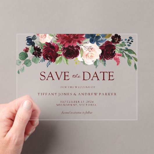 Bourgogne Rode Wijn Bloemen Bewaar de datum Acryl Uitnodigingen (Insitu (Draagbaar))