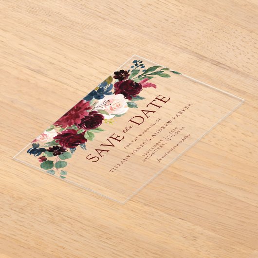 Bourgogne Rode Wijn Bloemen Bewaar de datum Acryl Uitnodigingen (Laagn)