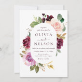 Bourgogne Rode Wijn & Blush Bloemen Lijst bruiloft Kaart (Voorkant)