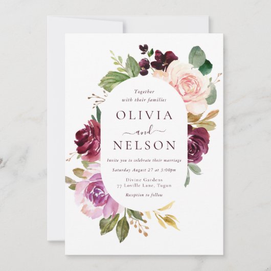 Bourgogne Rode Wijn & Blush Bloemen Lijst bruiloft Kaart (Voorkant)