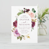 Bourgogne Rode Wijn & Blush Bloemen Lijst bruiloft Kaart (Staand voorkant)