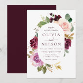 Bourgogne Rode Wijn & Blush Bloemen Lijst bruiloft Kaart (Voorkant / Achterkant)