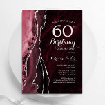 Bourgogne Rode Zilveren Agaat 60e Verjaardag Kaart<br><div class="desc">Bourgogne en zilveren agaat 60ste verjaardag feestuitnodiging. Elegant modern design met donkerrode marsala wijn waterverf agaat marmeren geode achtergrond,  faux glitter zilver en typografie script lettertype. Trendy uitnodigingskaart perfect voor een stijlvol vrouwenfeest. Gedrukte Zazzle-uitnodigingen of direct download digitale afdrukbare sjabloon.</div>