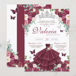 Bourgogne Rode & Zilveren Vlinder Bloemen Quinceañ Kaart
