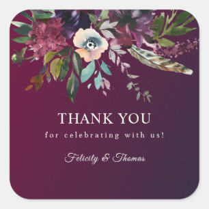 Bourgogne Romance Waterverf Floral Dank u Vierkante Sticker