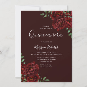 Bourgogne Romantische Rode Rozen Quinceanera Party Kaart