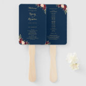 Bourgogne Rood Bloemen Navy Blauw Goud Script Brui Handwaaier (Voorkant en achterkant)