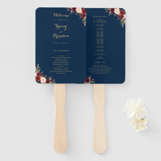 Bourgogne Rood Bloemen Navy Blauw Goud Script Brui Handwaaier (Voorkant en achterkant)