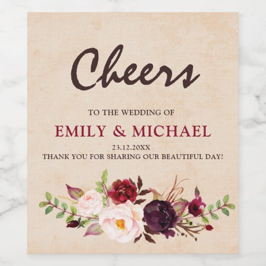 Bourgogne Rood Bloemen Rustiek Boho bruiloft label Wijn Etiket (Enkel label)