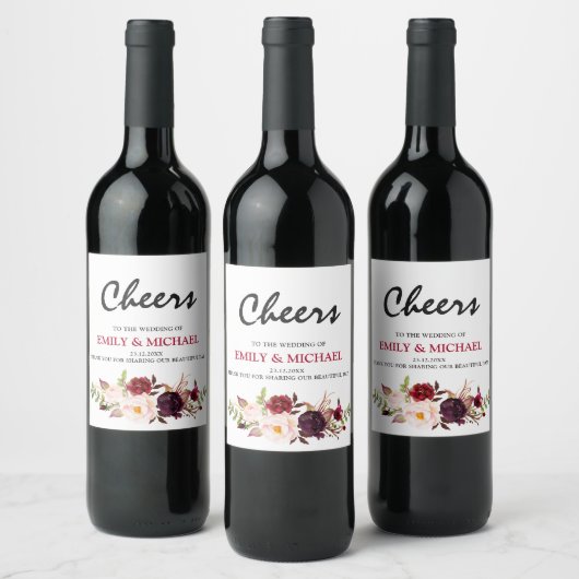 Bourgogne Rood Bloemen Rustiek Boho bruiloft label Wijn Etiket (Flessen)