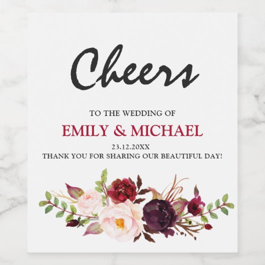 Bourgogne Rood Bloemen Rustiek Boho bruiloft label Wijn Etiket (Enkel label)