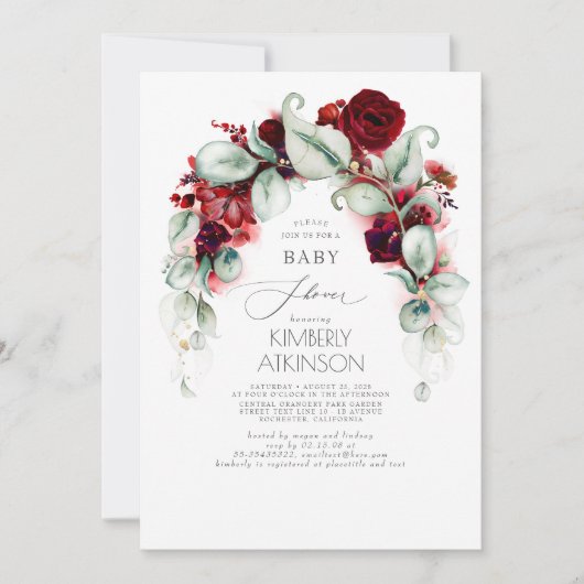 Bourgogne rood bloemig elegant Baby shower Kaart (Voorkant)