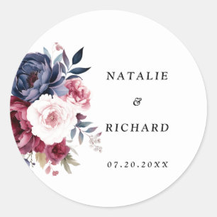 Bourgogne Rood blos roze bloemenbruiloft waterverf Ronde Sticker