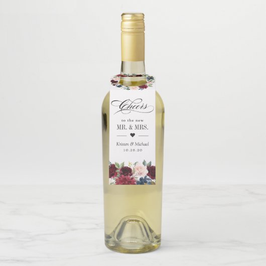 Bourgogne Rood Blush Bloemen Blauw Huwelijk Proost Flessenhanger (Op fles)