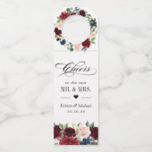 Bourgogne Rood Blush Bloemen Blauw Huwelijk Proost Flessenhanger (Voorkant)