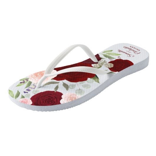 Bourgogne Rood & Blush Roze Boho Rozen bruiloft Teenslippers (Schuin)