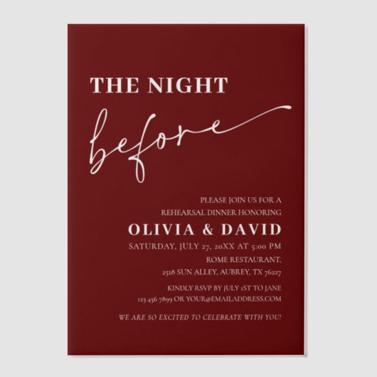Bourgogne rood de avond voor het repetitiediner vellum uitnodigingen (Voorkant)
