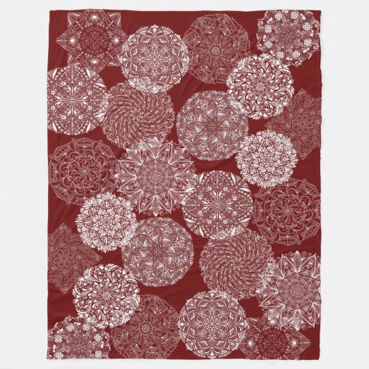 Bourgogne Rood Elegant Mandala Art Collage Wit Fleece Deken (Voorkant)