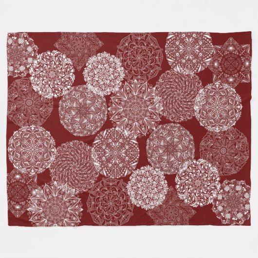 Bourgogne Rood Elegant Mandala Art Collage Wit Fleece Deken (Voorkant (Horizontaal))