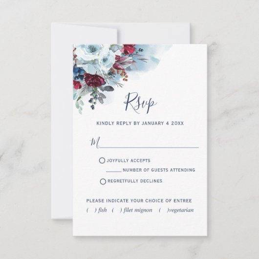 Bourgogne Rood en Blauw Bloemen en Waterverf RSVP Kaartje (Voorkant)