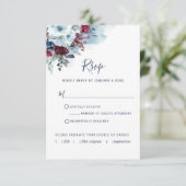 Bourgogne Rood en Blauw Bloemen en Waterverf RSVP Kaartje (Staand voorkant)