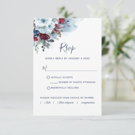 Bourgogne Rood en Blauw Bloemen en Waterverf RSVP Kaartje (Staand voorkant)