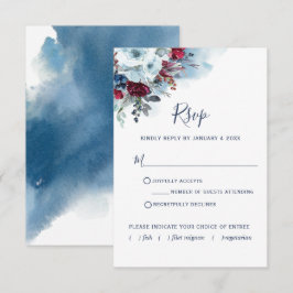 Bourgogne Rood en Blauw Bloemen en Waterverf RSVP Kaartje